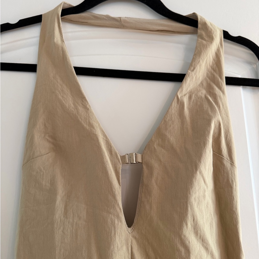 Zara Beige Halter with Deep V-Neck Midi Dress